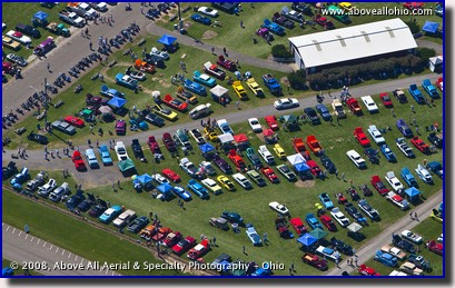 A close-up aerial view of a summer Sunday afternoon car show near Youngstown, OH.