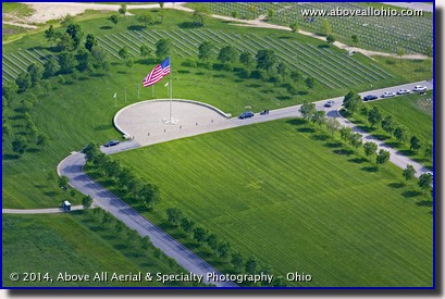 An aerial view of the huge American flag on Memorial Day, 2014, at the Western Reserve National Cemetery in Rittman, OH.