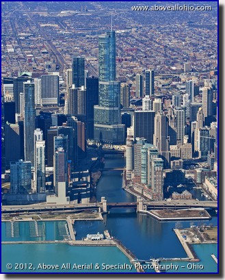 An aerial view of the Chicago River and the Trump International Hotel and Tower, downtown Chicago, IL
