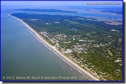 An aerial view of the miles of beach lining Hilton Head Island, SC.