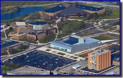 An aerial view of the Wolfe Center for the Arts on the Bowling Green State University campus, Bowling Green, OH