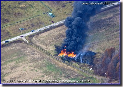 Aerial photograph of a fire resulting from a gas storage explosion
