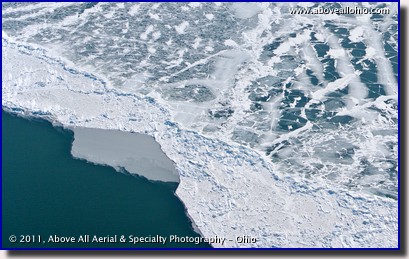 An aerial view of the patterns of ice on Lake Erie, north of Lakewood, OH