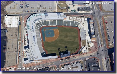 Aerial photo of the new baseball stadium in Columbus, Ohio. Huntington Park, home of the Clippers.