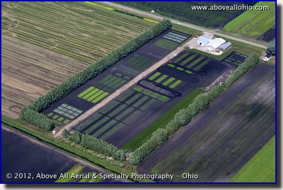 An oblique aerial view of the Ohio State Muck Crops Agricultural Research Station near Celeryville, Ohio.
