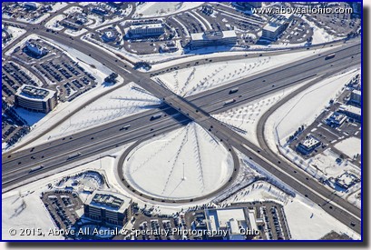 A winter aerial view of the Polaris and Interstate 71 interchange on the north side of Columbus, Ohio.