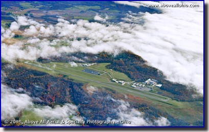 An aerial photo showing fog surrounding Richard Downing Field, Coshocton, Ohio.